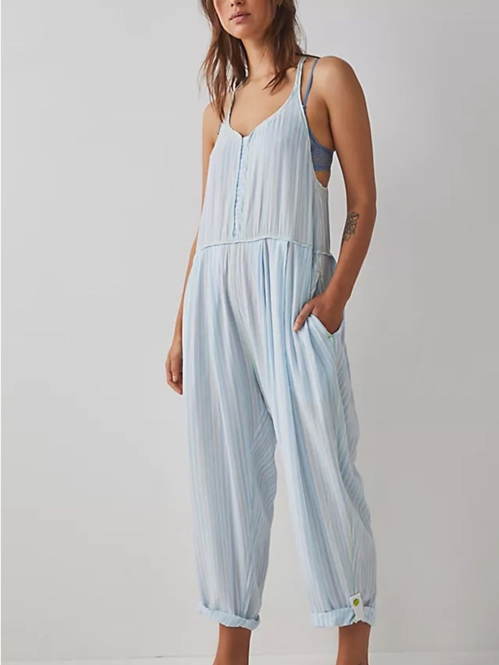 FREE PEOPLE Light Blue & White Striped Sleeveless Jumpsuit